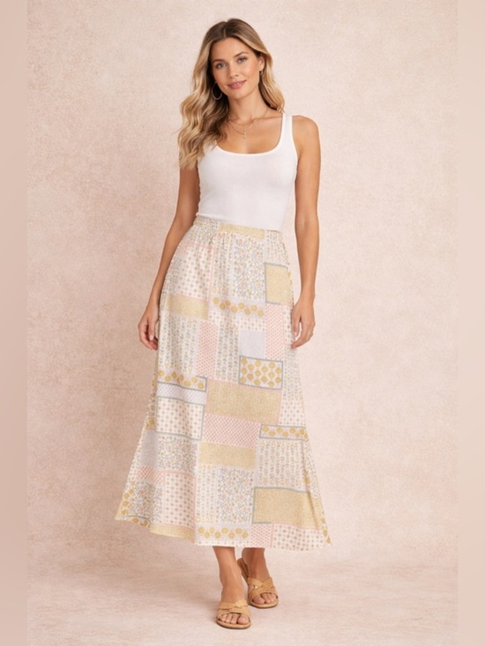 Patchwork Floral Midi Skirt XL Cottagecore Boho Pastel A-Line